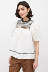 Ulla Johnson White & Multicolour Embroidered Smocked Top