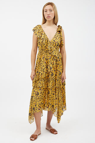 Ulla Johnson Yellow & Black Floral Ruffled Dress