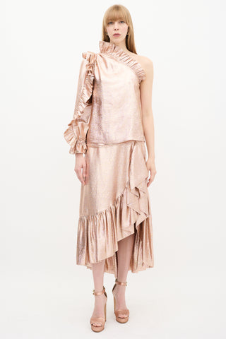 Ulla Johnson Bronze Metallic Silk Ruffle Top & Skirt Set