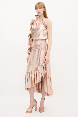 Ulla Johnson Bronze Metallic Silk Ruffle Top & Skirt Set