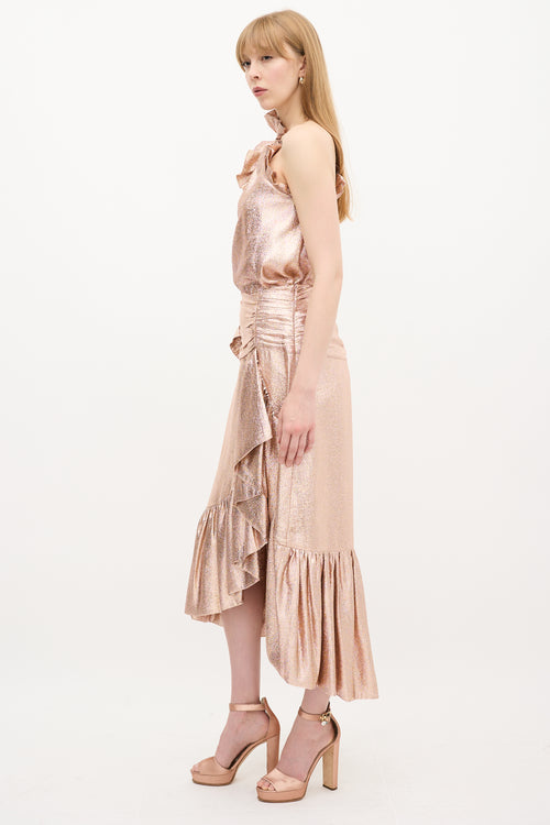 Ulla Johnson Bronze Metallic Silk Ruffle Top & Skirt Set