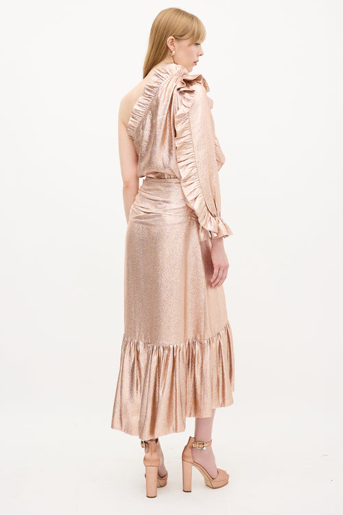 Ulla Johnson Bronze Metallic Silk Ruffle Top & Skirt Set