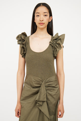 Ulla Johnson Green Cotton Ribbed & Ruffled Dress