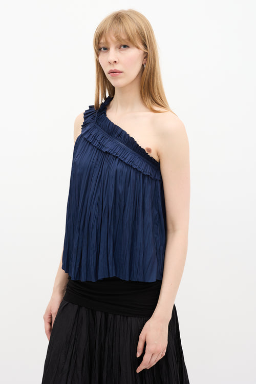 Ulla Johnson Navy Satin Pleated Asymmetrical Top