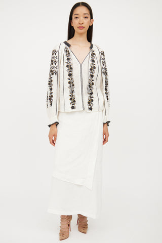 Ulla Johnson White & Black Embroidered Cotton Blouse