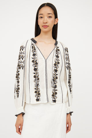 Ulla Johnson White & Black Embroidered Cotton Blouse