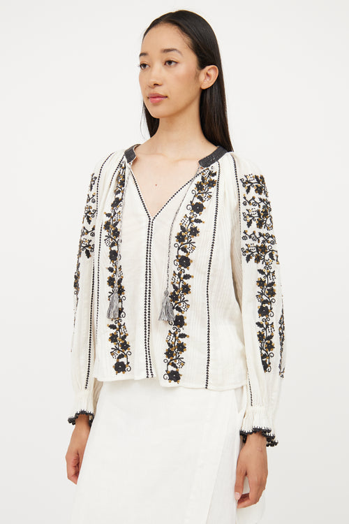 Ulla Johnson White & Black Embroidered Cotton Blouse