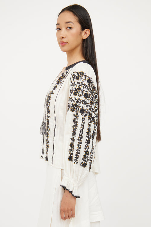 Ulla Johnson White & Black Embroidered Cotton Blouse