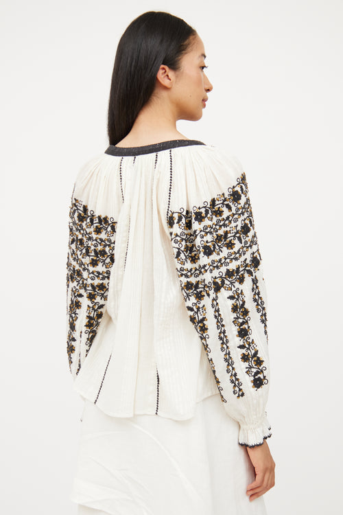 Ulla Johnson White & Black Embroidered Cotton Blouse