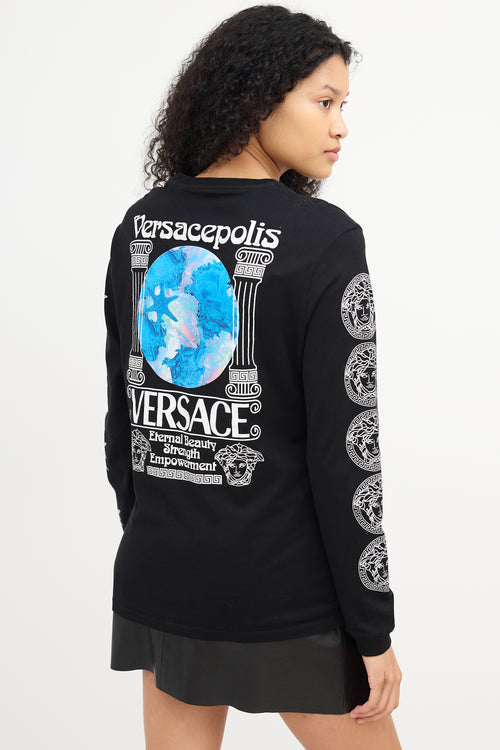 Versace Black & Blue Versacepolis Print Top