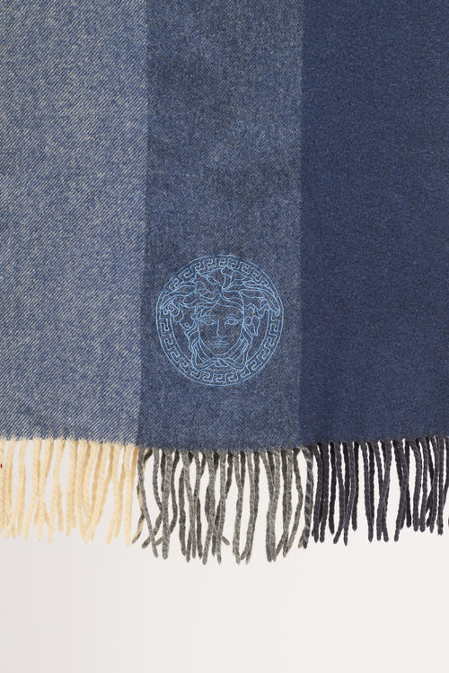 Versace Blue & Cream Striped Fringe Scarf