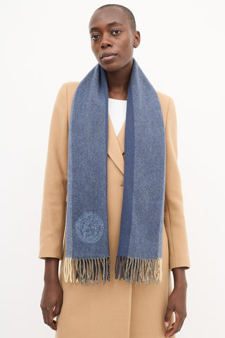 Versace Blue & Cream Striped Fringe Scarf