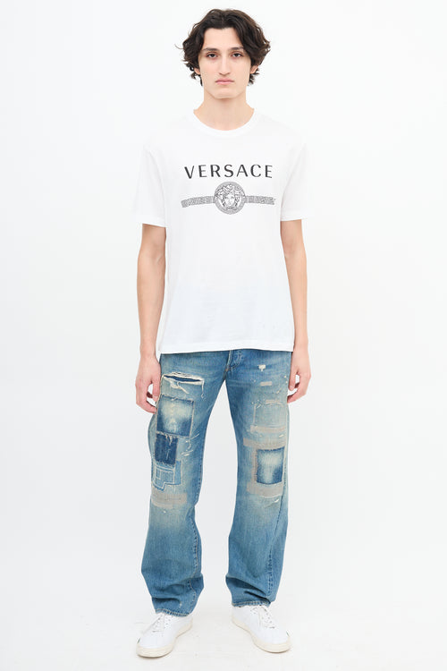 Versace White Medusa Logo & Greca Stripe T-Shirt