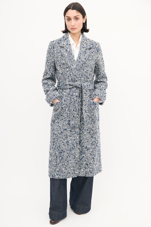 Victoria Beckham Navy & White Wool Bouclé Striped Coat