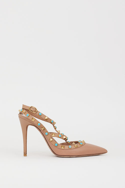 Valentino Beige & Blue Rolling Rockstud Caged Heel