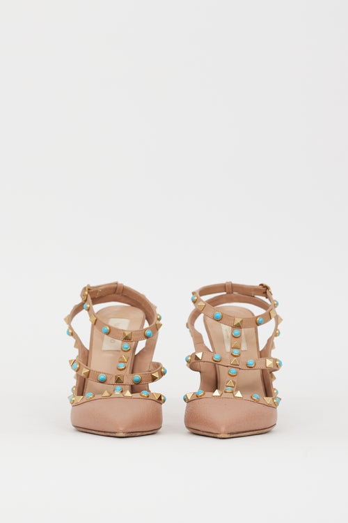 Valentino Beige & Blue Rolling Rockstud Caged Heel