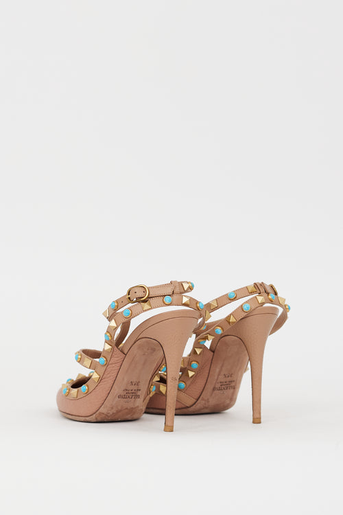 Valentino Beige & Blue Rolling Rockstud Caged Heel