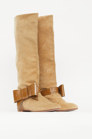 Valentino Beige & Brown Suede Patent Bow Boot