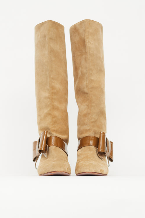 Valentino Beige & Brown Suede Patent Bow Boot