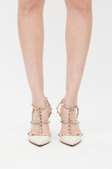 Valentino Beige & Gold Leather Rockstud Caged Heel