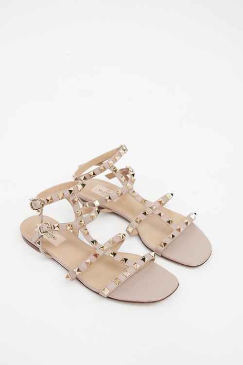 Valentino Beige Leather Rockstud Cage Sandal