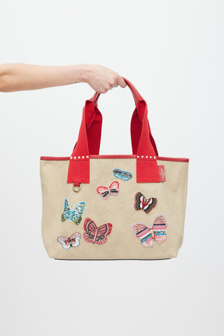 Valentino Beige Red & Multicolour Canvas Embellished Tote Bag