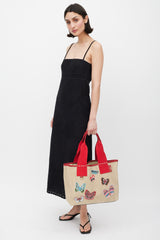 Valentino Beige Red & Multicolour Canvas Embellished Tote Bag