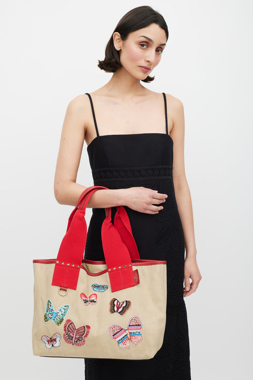 Valentino Beige Red & Multicolour Canvas Embellished Tote Bag