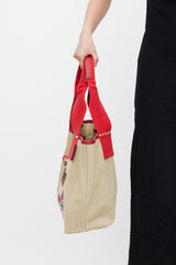 Valentino Beige Red & Multicolour Canvas Embellished Tote Bag