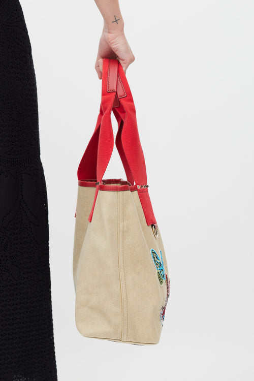 Valentino Beige Red & Multicolour Canvas Embellished Tote Bag