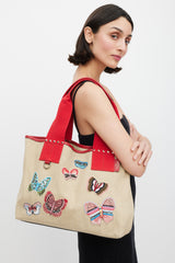 Valentino Beige Red & Multicolour Canvas Embellished Tote Bag