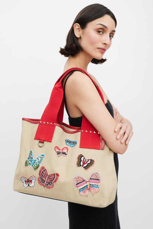 Valentino Beige Red & Multicolour Canvas Embellished Tote Bag