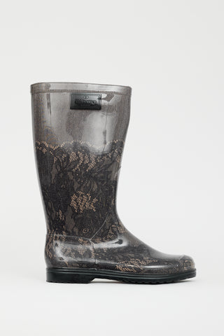 Valentino Black & Beige Lace Print Rubber Boot