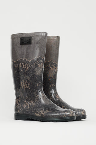 Valentino Black & Beige Lace Print Rubber Boot
