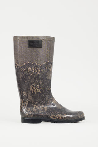 Valentino Black & Beige Lace Print Rubber Rain Boot