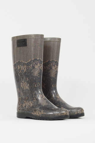 Valentino Black & Beige Lace Print Rubber Rain Boot