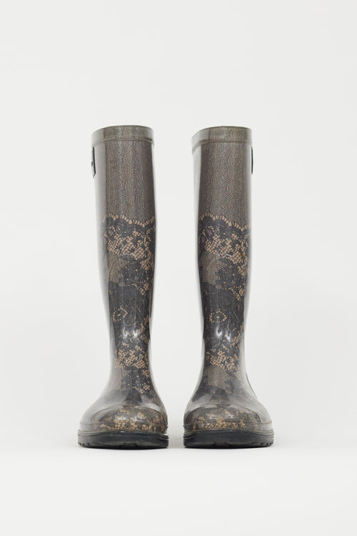 Valentino Black & Beige Lace Print Rubber Rain Boot