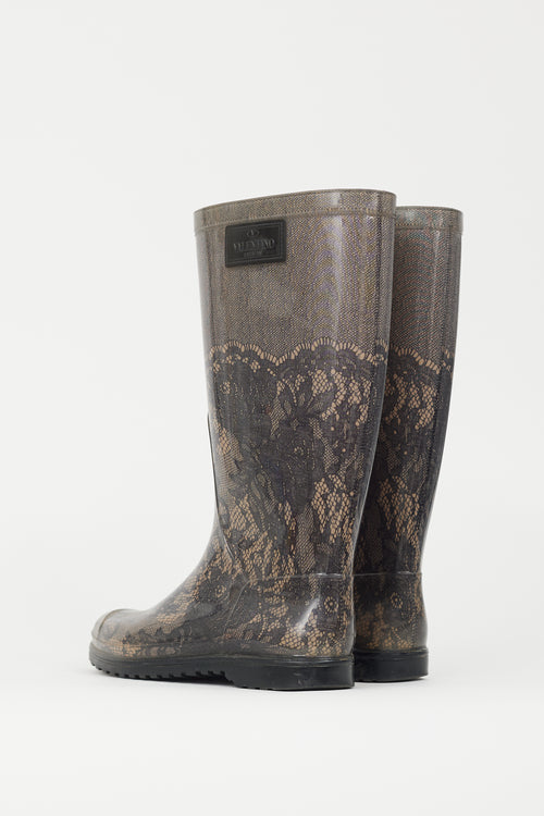 Valentino Black & Beige Lace Print Rubber Rain Boot