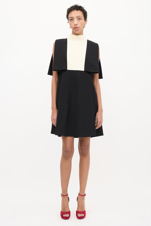 Valentino Black & Cream Wool Cape Overlay Dress