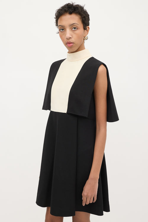 Valentino Black & Cream Wool Cape Overlay Dress