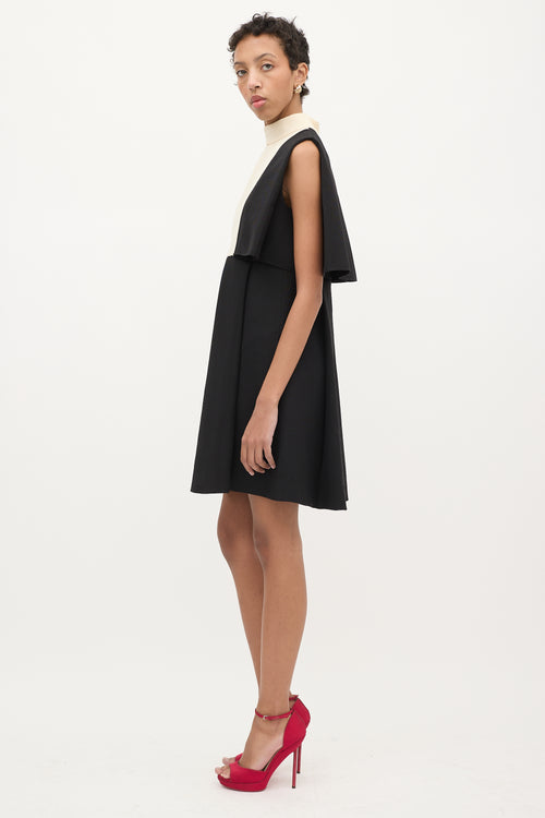 Valentino Black & Cream Wool Cape Overlay Dress