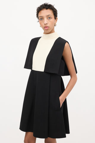 Valentino Black & Cream Wool Cape Overlay Dress
