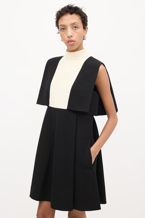 Valentino Black & Cream Wool Cape Overlay Dress