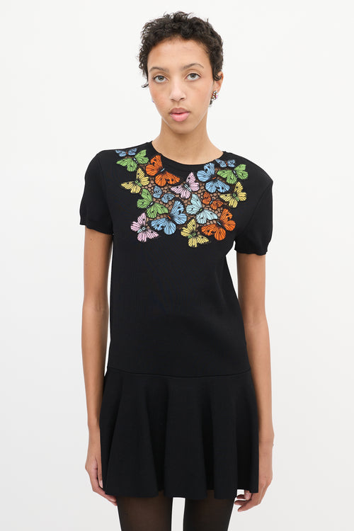 Valentino Black Embroidered Flounce Dress