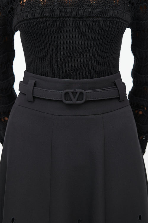 Valentino Black Eyelet VLogo Belted Maxi Skirt