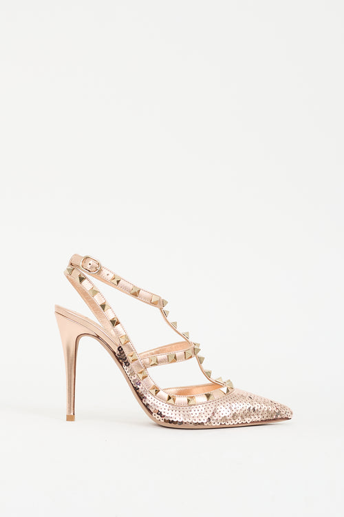 Valentino Pink Leather & Sequined Rockstud Caged Pump