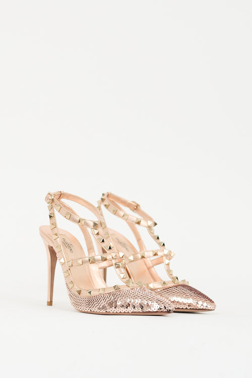 Valentino Pink Leather & Sequined Rockstud Caged Pump