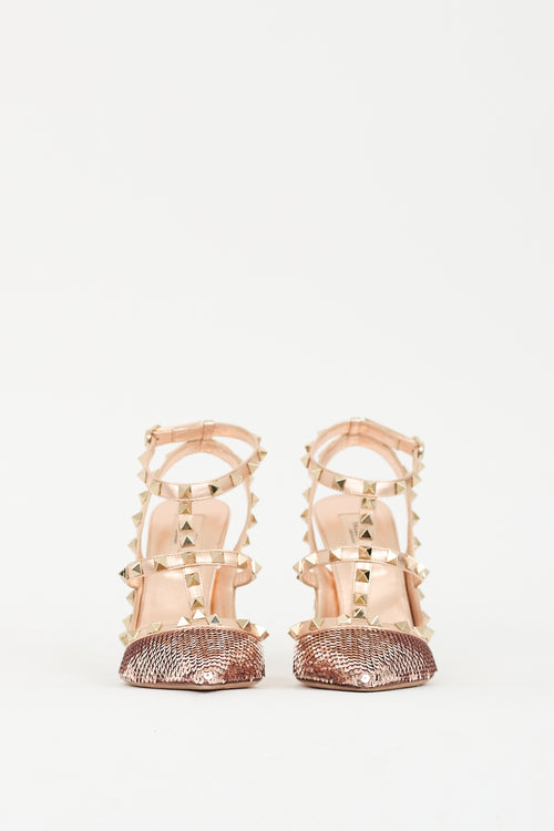 Valentino Pink Leather & Sequined Rockstud Caged Pump