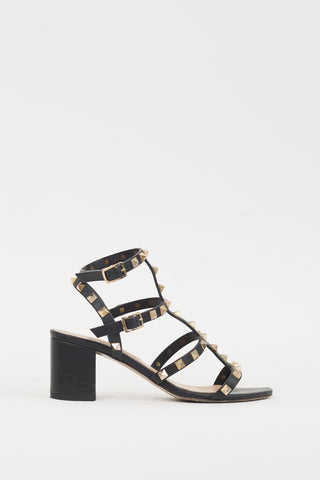 Valentino Black & Gold Leather Rockstud Sandal