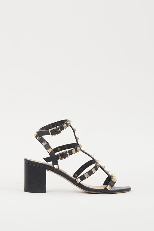 Valentino Black & Gold Leather Rockstud Sandal